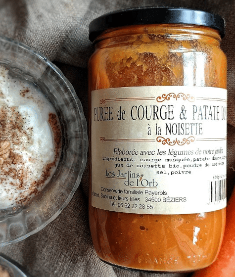 purée de courge patate douce et noisette étiquette les jardins de l'orb